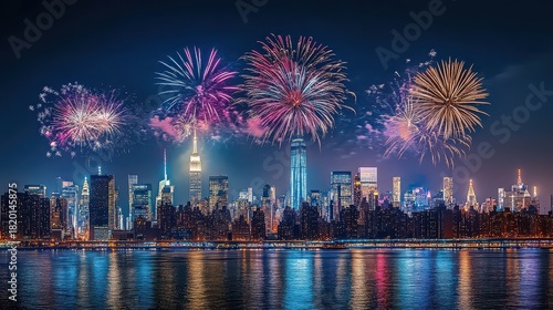 Spectacular fireworks light up the new york city skyline at night