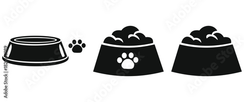“Dog, cat, animal or pet full food bowl symbol sign silhouette and outline set. Black and white logo icon flat vector clip art illustration design.”