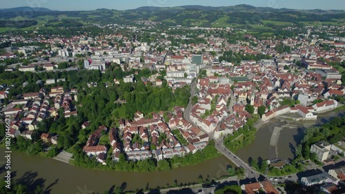 Aerial panoramic view around the old town of the city Kempten in Germany on a sunny spring noon