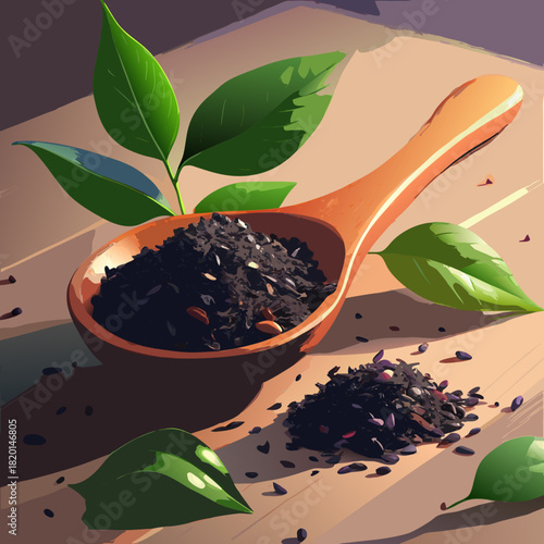 Invigorating black tea leaves in a wooden spoon with vibrant green leaves, a modern and inviting design, perfect for wellness brands or tea products
