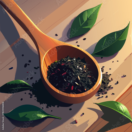 Artistic herbal tea still life with wooden spoon and fresh green leaves, perfect for wellness brands and healthy lifestyle content creation