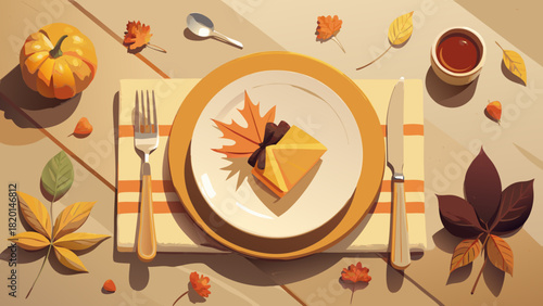 Celebrate Thanksgiving with a Slice of Pumpkin Pie, Fall Leaves, and a Festive Table Setting, Perfect for Family Gatherings and Holiday Memories