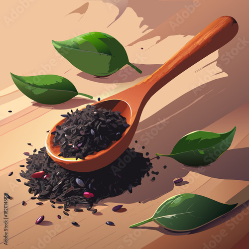 Artistic depiction of nutritious black rice overflowing from a wooden spoon, complemented by vibrant green leaves for natural food advertising