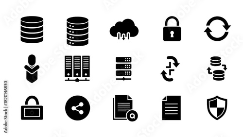 Vector illustration of set of black silhouette icons representing database, cloud, security, server, file, and network concept isolated on transparent background