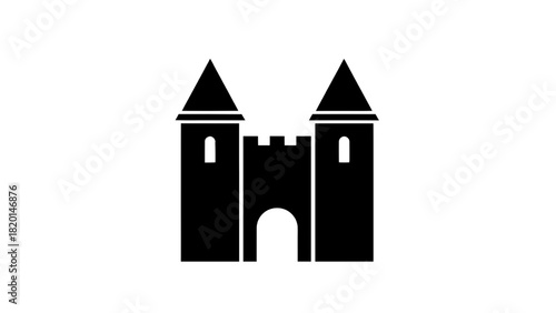 Vector illustration of simple black silhouette icon of a medieval castle with two towers and an arched gate, isolated on transparent background
