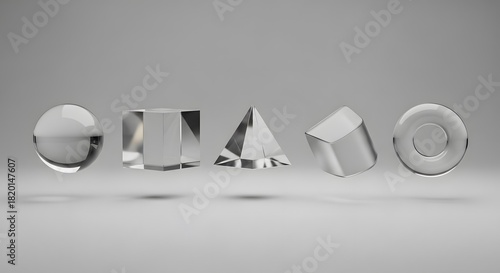 Transparent Geometric Shapes Floating on Grey Background perfect for website banner, educational materials, technology blogs, design concepts,