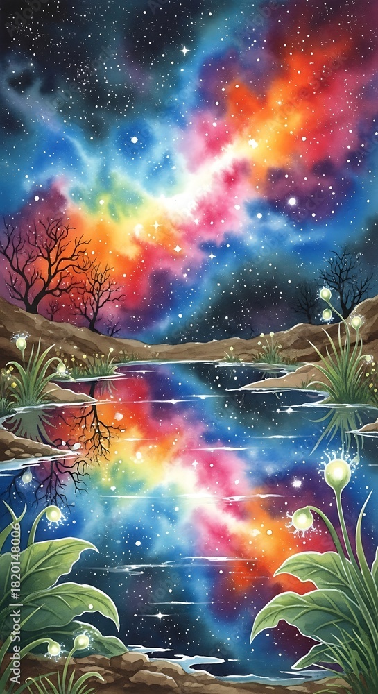 Obraz premium Vibrant Cosmic Galaxy Reflected in Serene Water Landscape.