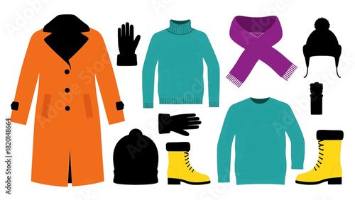 Vector illustration of collection of colorful winter clothing and accessory icons for cold weather fashion design isolated on transparent background