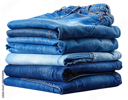 A stack of folded blue denim jeans, various shades, neatly arranged and lit