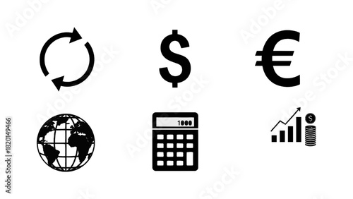 Vector illustration of set of black and white finance and currency icons including dollar, euro, globe, calculator, and growth chart isolated on transparent background
