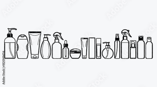 Collection of cosmetic bottles and containers in black outline style on white