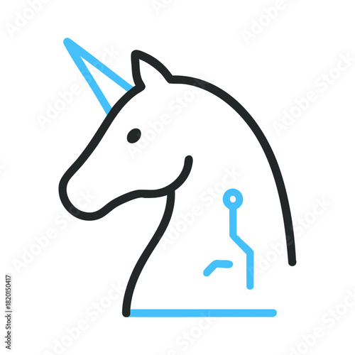 Minimalist Unicorn Head Line Icon. Vector Blue and Black Tech Startup Logo and Magic Creative Symbol.