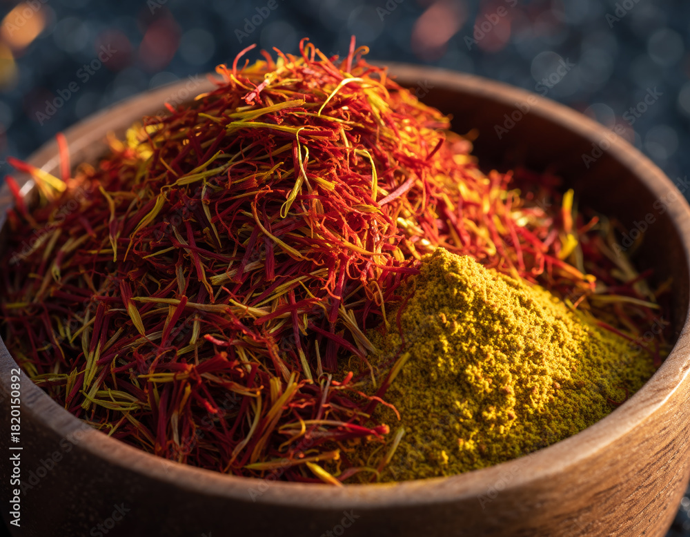Fototapeta premium Closeup of Saffron Threads and Yellow Powder in a Wooden Bowl Culinary Spices, Condiments, Flavors, and Ingredients.
