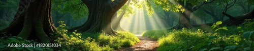 Sun-dappled forest path winding through ancient trees, dappled light filtering through leaves, creating a magical atmosphere Perfect for fantasy, fairytale, or nature themes , green, untamed