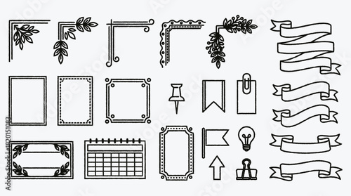 Collection of Hand Drawn Frames Corners Ribbons and Icons for Design