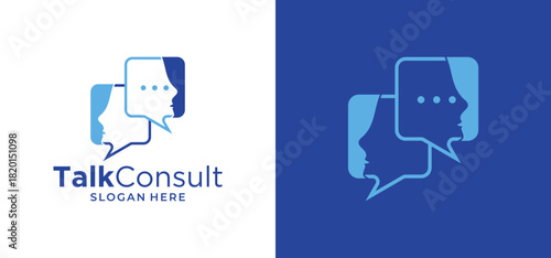 Communication logo design with a human face. Social technology conversation icon vector.