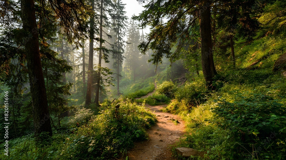 Obraz premium Winding dirt pathway traverses a misty, sun-dappled evergreen forest trail during early morning