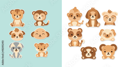 Set of cute cartoon animal stickers vector illustration of funny puppies bears and monkeys for kids scrapbooking nursery decoration and happy emoji character design