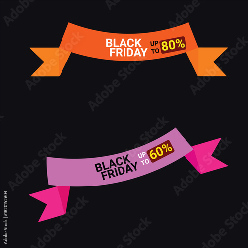 Black Friday Ribbon Banners with Discount Offers Bright Color Full Sale Labels and  Typography