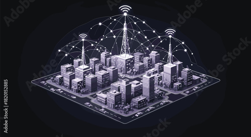 Smart city concept featuring isometric buildings with wireless network connection and 5G technology towers on dark background for futuristic urban infrastructure vector illustration design