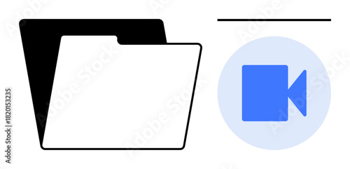 Black folder silhouette and blue video camera sign in a circle. Ideal for media storage, data organization, digital library, video editing, file management, content sharing, simple flat metaphor