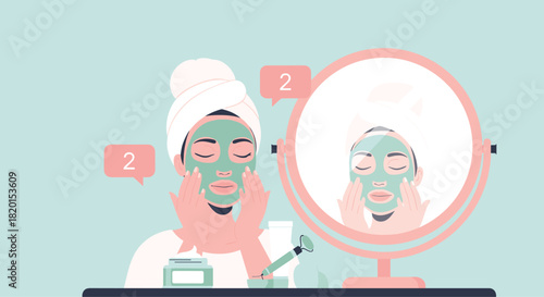 Young woman applying green face mask in front of mirror with skincare products and social media notifications for beauty blog vector illustration design concept