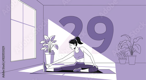 Young woman doing stretching exercises on yoga mat at home near window with plants in purple room for fitness and wellness vector illustration design