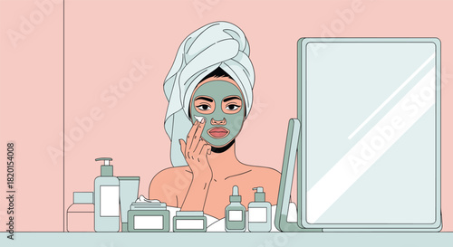 Young woman with towel on head applying green face mask in front of mirror with skincare products for beauty routine vector illustration design concept