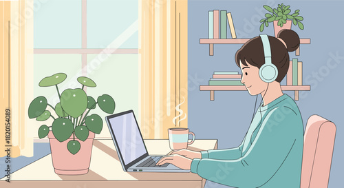Young woman working from home on laptop with headphones at desk near window with plant and coffee for remote job concept vector illustration background