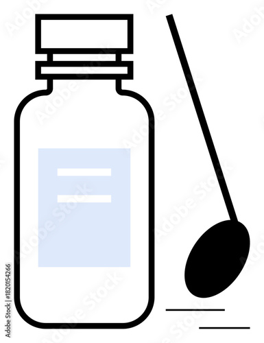 Medicine bottle with label and adjacent spoon representing dosage, healthcare, prescription, medical safety. Ideal for health education, pharmacy, pediatric care, instructions, wellness simple flat