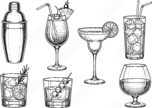 Collection of hand drawn cocktail illustrations featuring different glassware and shaker for beverage and party themes