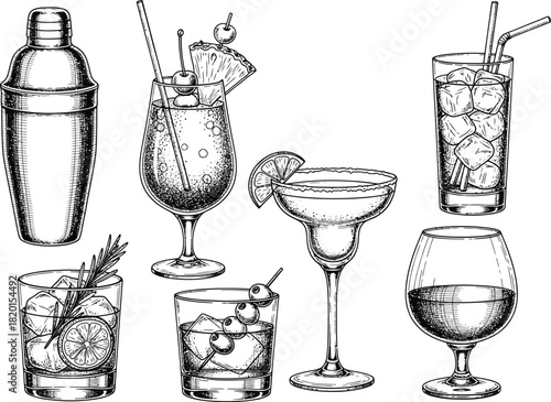 Collection of hand drawn cocktail illustrations featuring shaker glasses and various drinks on a white background