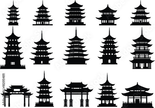 Collection of silhouette images of traditional east asian pagoda structures and temple gates in black and white