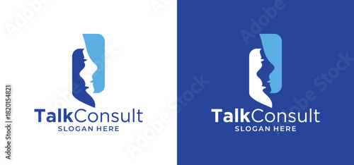 Logo design of two faces with unique communication elements. Vector icon for communication consultation logo.