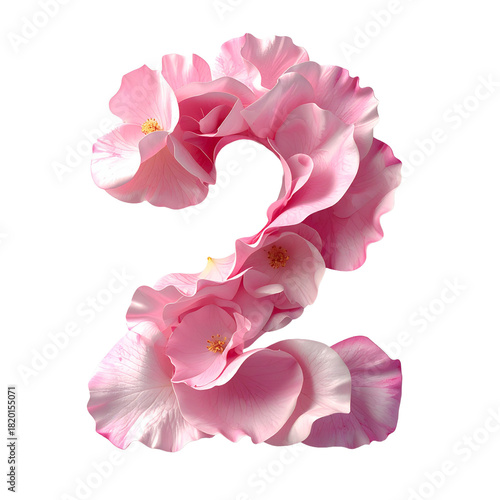 3d number 2 rose petal texture with soft pink bloom accents on white