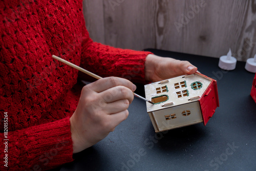 Master class of making craft wooden houses for conscientious Merry Christmas decor. Sustainable celebration minimal responsible DIY holiday project. Step by step instruction Festive modern decorations