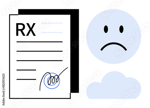 Prescription concept. RX document with signature alongside a sad face highlights mental health challenges. Prescription addressing wellness, healthcare access, patient needs. For medical, mental