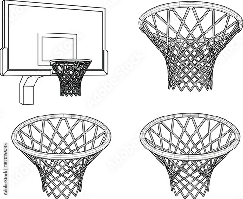 Basketball hoop and net outline set featuring backboard structure, sport equipment sketch, wireframe rim vector illustration, black and white game goal design, linear art style