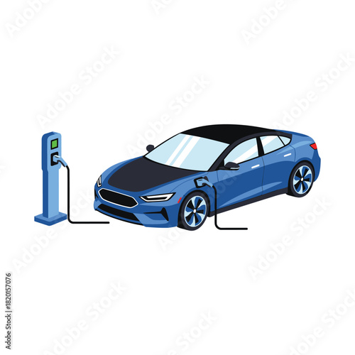 Blue electric car charging station modern vehicle isolated on white background