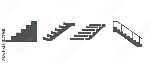 “Stairs and Steps Movement Icons Set – Walking Silhouettes, Railing and Staircase Vector Collection”