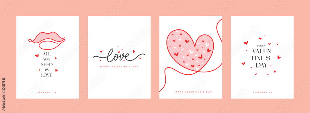 Obraz premium Set of four minimalist Valentine's Day vertical cards or posters with line art illustrations of a lip, heart, and stylized 