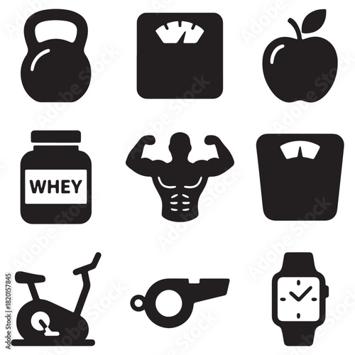 Set of 9 Solid Fitness and Nutrition Icons: Kettlebell, Scale, Apple, Whey Protein, Bodybuilder, and Exercise Bike