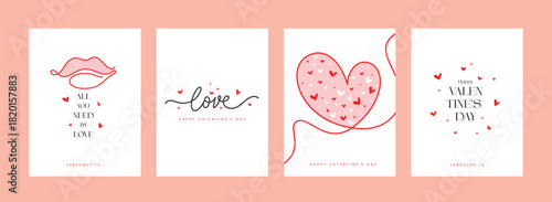 Set of four minimalist Valentine's Day vertical cards or posters with line art illustrations of a lip, heart, and stylized "Love" typography.