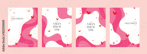 Set of four abstract Valentine's Day vertical backgrounds or cards featuring liquid wavy shapes, floating hearts, and "Happy Valentine's Day" text.