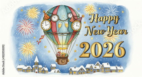 A whimsical watercolor illustration for the New Year 2026, showing a colorful hot air balloon decorated with clocks and party hats, carrying champagne over a snow-covered village under a sky filled wi