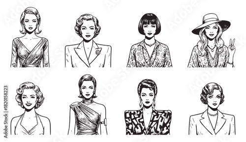Monochrome set of eight vintage female portraits in various retro styles, from the 1920s flapper to 1980s power dressing. Detailed ink sketch illustration for fashion and history.