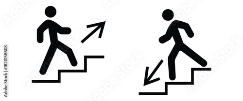 “Stairs and Steps Movement Icons Set – Walking Silhouettes, Railing and Staircase Vector Collection”