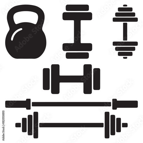 Solid Icons Set of Weight Training Equipment: Kettlebell, Dumbbells, and Barbell Silhouettes