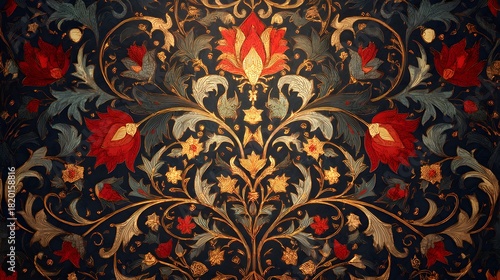 Ornate baroque floral pattern rendered in rich red and gold against a dark background