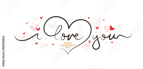 "I Love You" script typography forming a heart, surrounded by small hearts and a "Happy Valentine's Day" message.